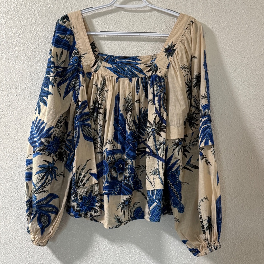 Banana Republic Square Neck Blouse Blue and Cream Floral Blouse Small